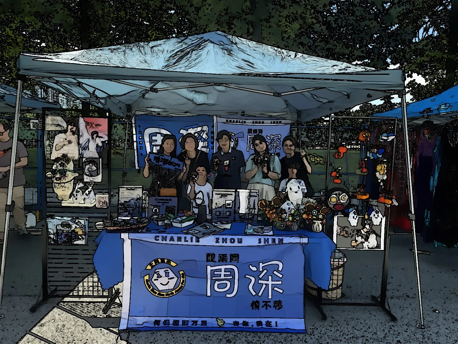 A cartoonized market booth showing the community sharing crafts and information.